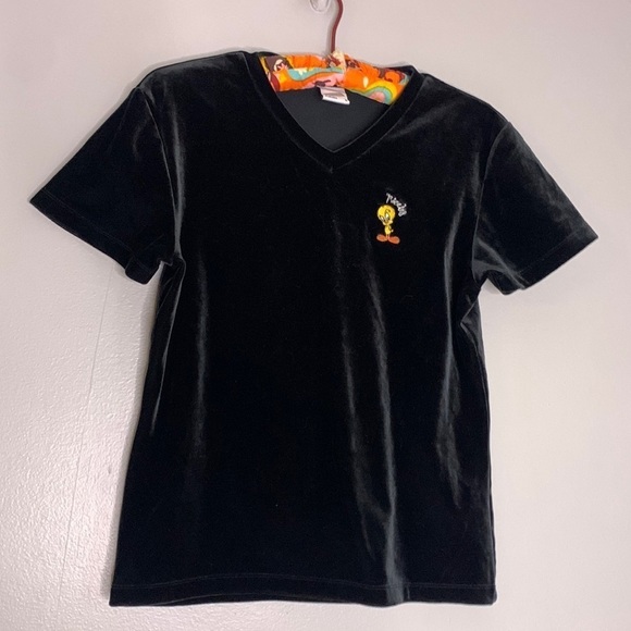 Vintage Warner Bros. tweety bird black velvet short sleeve V-neck T-shirt large - Picture 1 of 6